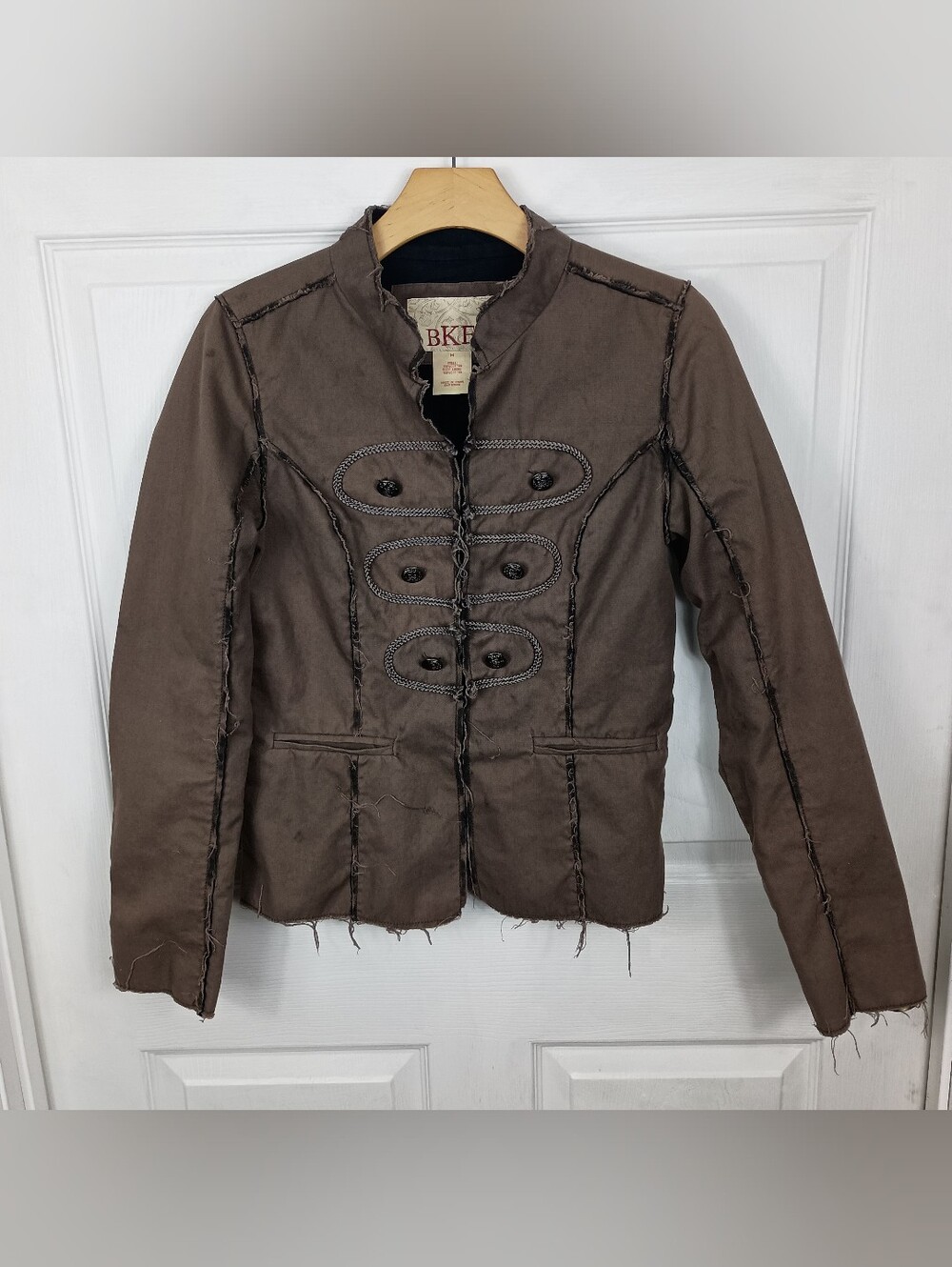 BKE Military Band Jacket Raw Edge Distressed Canvas Medium Womens Brown Crop Y2K
